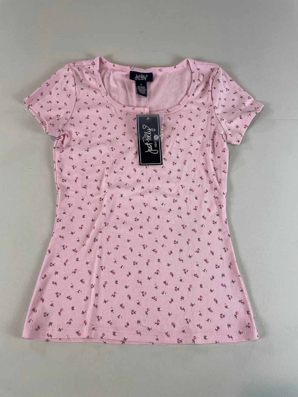 Just Polly Ribbed Scoop Neck Shirt Sleeve Tee Size S Light Pink Cotton NWT
